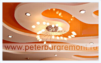 Двухуровневые натяжные потолки - оранжевый с белым
