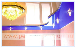 Двухуровневые натяжные потолки - два уровня полотен синий и розовый